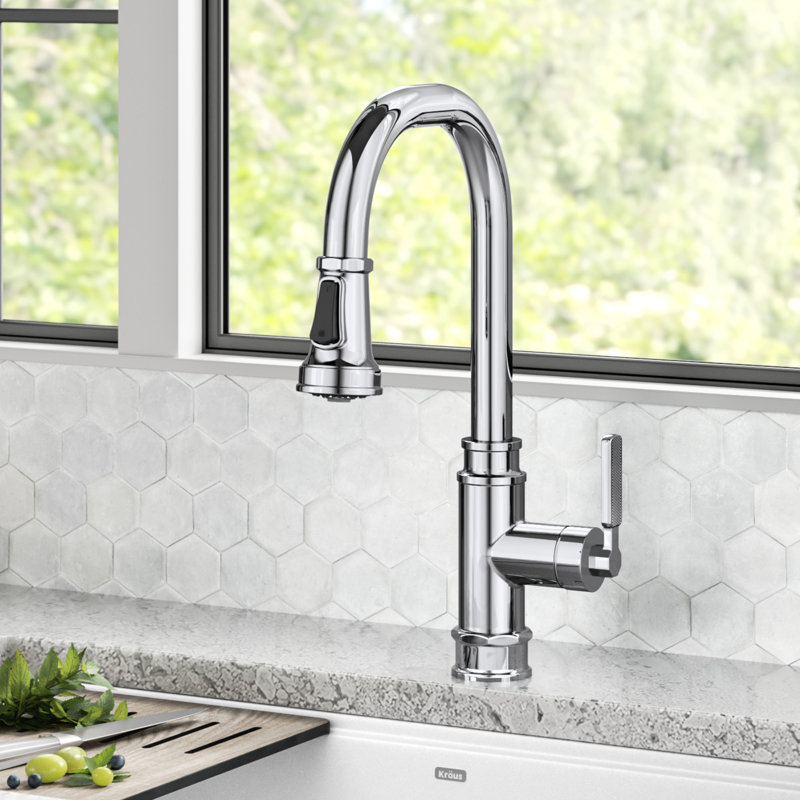 Allyn Transitional Industrial Pull-Down Single Handle Kitchen Faucet, Chrome