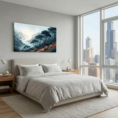 Blue and Orange Misty Forest Coastal Landscape Canvas Wall Art 47 x 24 x 1.5 Inch