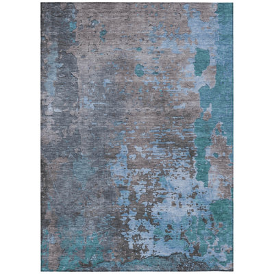 9' X 12' Teal Blue Taupe And Sky Blue Abstract Washable Indoor Outdoor Area Rug