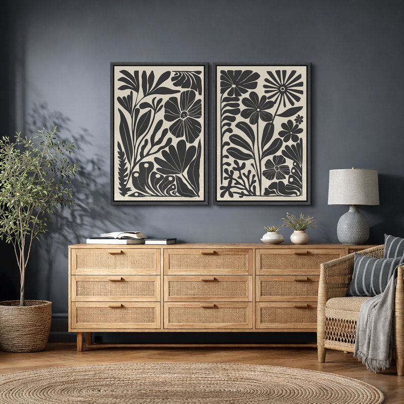 Abstract Botanical "Boho Black And Beige Floral Artwork, Mid Century Modern Abstract Wall Pictures, Framed Canvas Giclée Print 2 Pieces Wall Art"