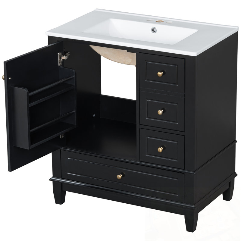Meuble-lavabo avec lavabo, tablette et trois tiroirs, Noir