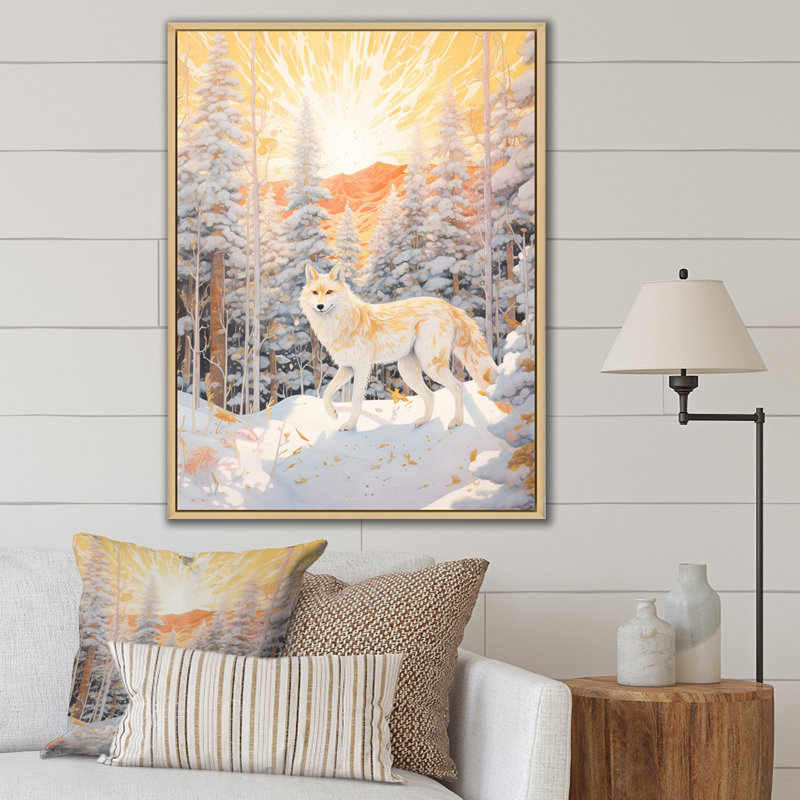 Loup sauvage blanc dans la forêt d'hiver sur toile, Cadre flottant brun, H 20 po x l 12 po x P 1 po