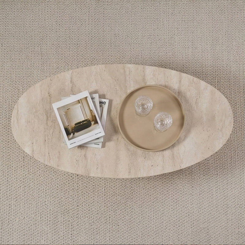 Aurelia Modern Oval Coffee Table With Architectural Slab Base, Travertine