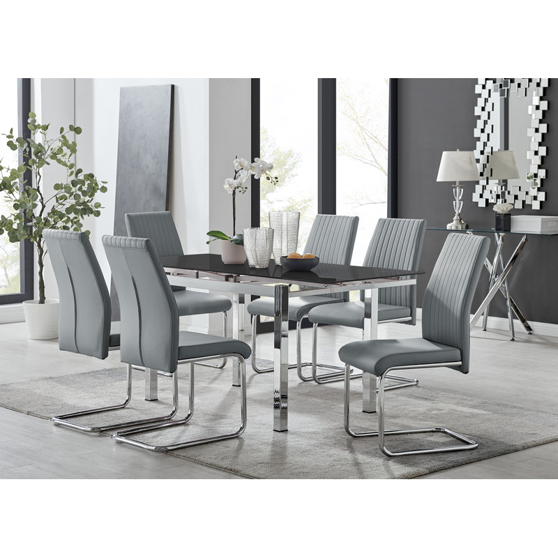 Tierra Modern Glass & Metal Extendable Dining Table Set & 6 Luxury Faux Leather Dining Chairs, Grey