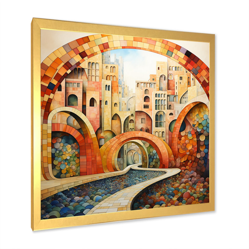 Orange Bridge Dynamic Archway Pointillism I, H 36 po x l 36 po x P 1,5 po, Cadre doré simple