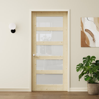 36 x 80 Slab Door, Frosted Glass Door Slab,Solid Wood Door with 5-Lite Glass, Unfinished, Pantry Door, Bedroom door, Room Door, Closet Door