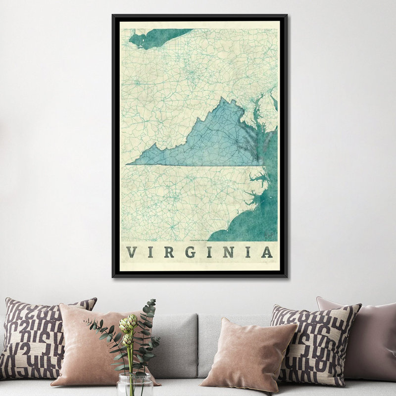 «Virginia Map», impression sur toile, H 26 po x l 18 po x P 1,5 po, Toile avec cadre noir, Pas de tapis