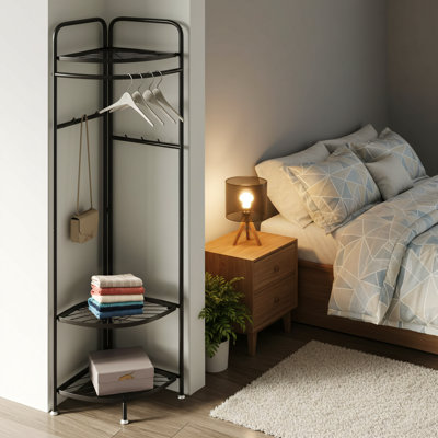 Corner Coat Rack, Made Of Metal, With 6 Hooks + Storage Shelf. Space-Saving Design, Suitable For Entryways/Bedrooms, Making Clothing Storage More Organized.