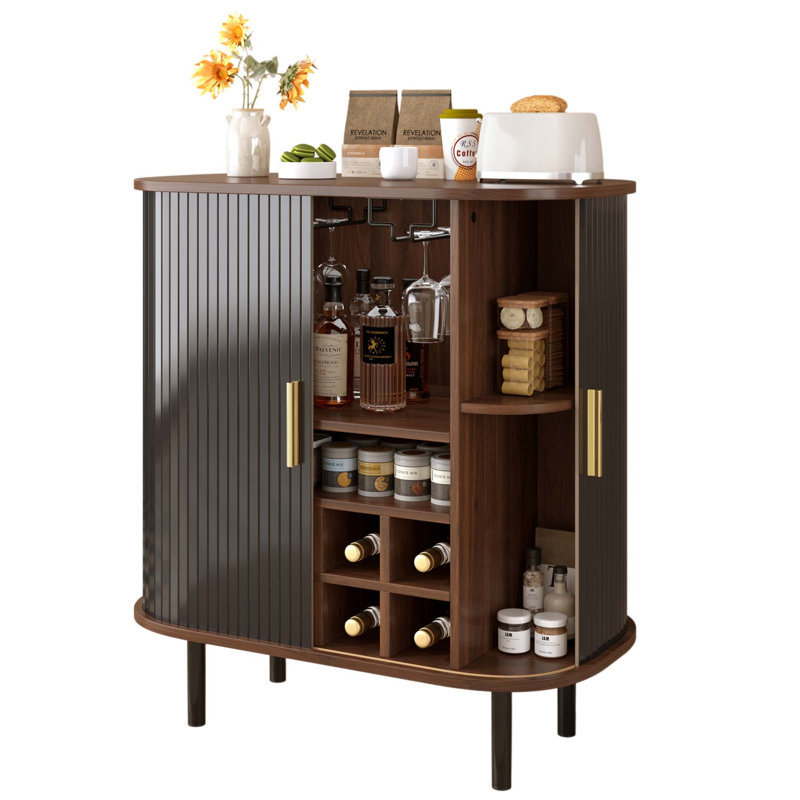 Armoire à vin cannelée de 28 pouces avec support à vin à 8 grilles, tablettes réglables à 5 niveaux et rangement caché, parfaite pour la vie moderne et le divertissement