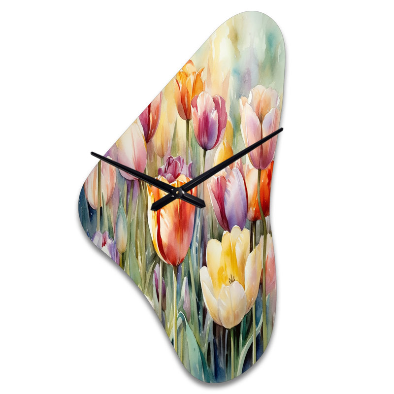 Garden Of Tulips - Horloge asymétrique en métal tulipe, impression d'horloge en métal de forme unique orange, Médium