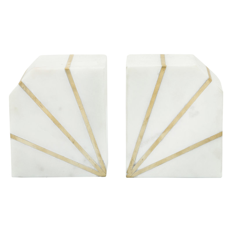 Modern Marble Bookends with Gold Inlay Set of 2, White