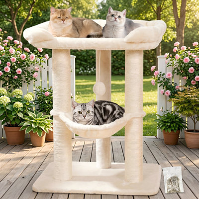 28in Cat Tree Tower, Tall Scratching Post with Soft Perch for Window Viewing, Large Bed for Big Cats, Stable & Compact, Hammock, Removable Cover, Beige
