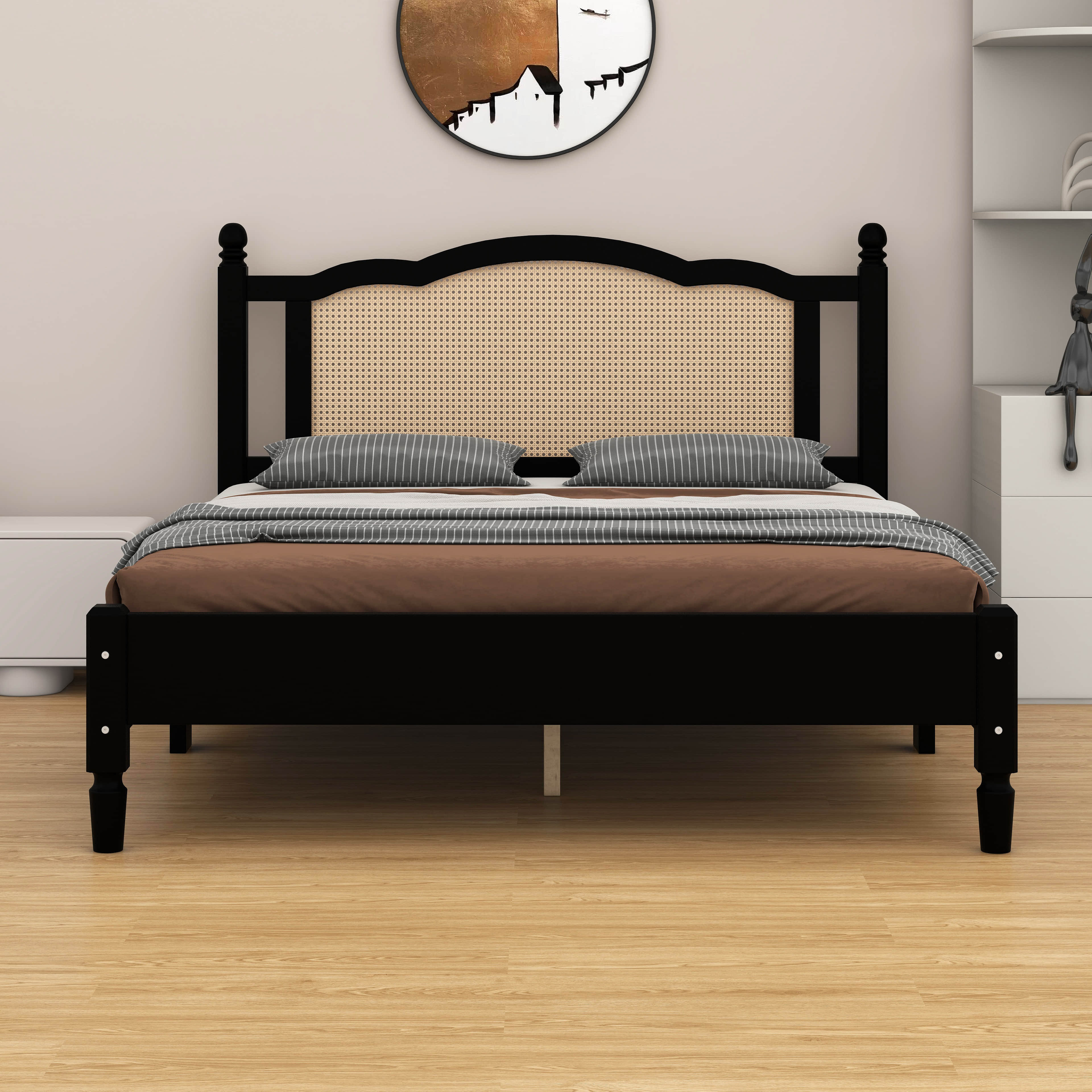 Dakota Fields Wooden Platform Bed – Natural Rattan Headboard, Vintage ...