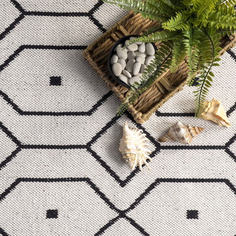 Tapis géométrique ivoire / noir tissé à la main, Rectangle 5 pi x 8 pi