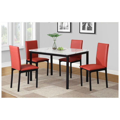 Citico 5-Piece Metal Dinette Set with Laminated Faux Marble Top, White and Red Upholstered Chairs