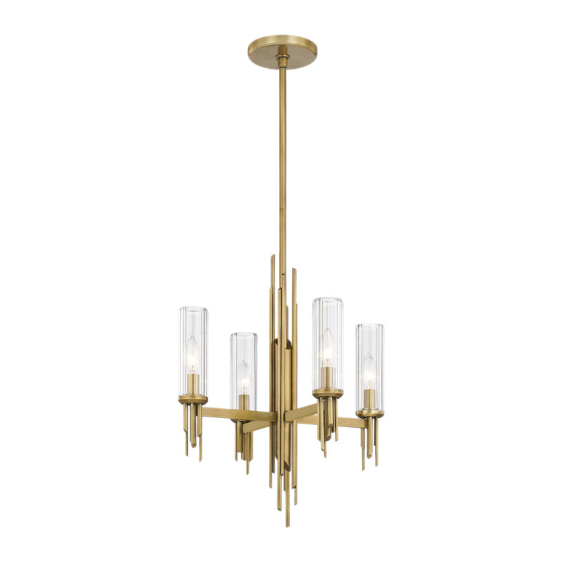 Lustre linéaire moderne à 4 lumières de style bougie Torres, Laiton rétro / nervuré transparent