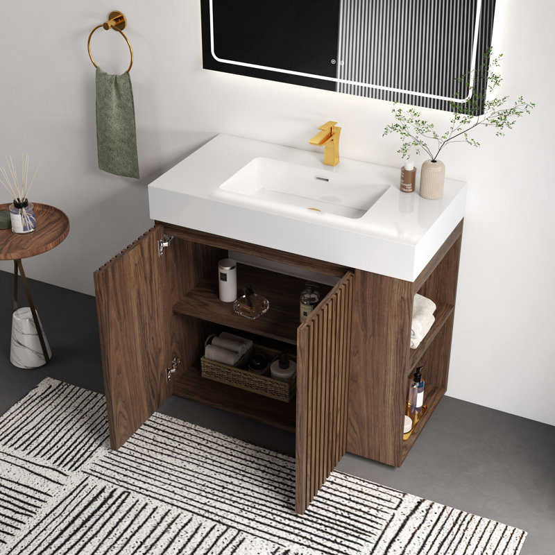 Meuble-lavabo autoportant en noyer Winston de 36 po avec lavabo à quartz intégré Lumene, conception à panneau cannelé, portes à fermeture en douceur, tablette ouverte à droite, options de lavabo blanc / noir, armoire de salle de bain moderne