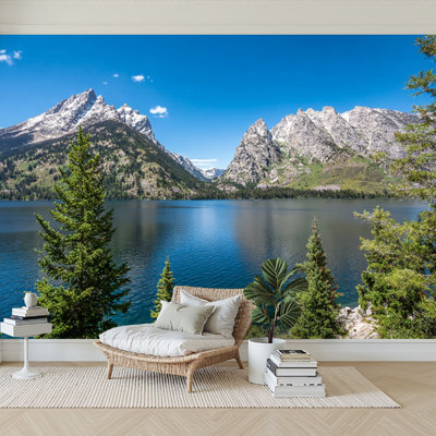 Peel and Stick Wallpaper 96" W x 69" H Modern Self Adhesive Wall Mural for Bedroom Rocky Lake Forest Woodland Mountain Sunset Landscape