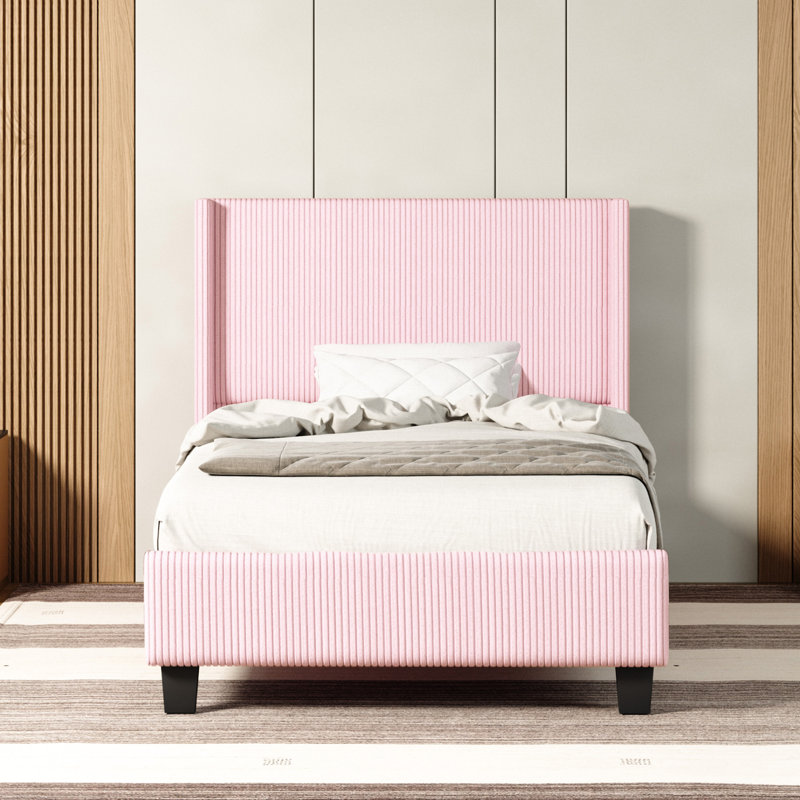 Schauer Corduroy Upholstered Wingback Bed, Metal Frame , Plywood Slats, No Box Spring, Twin, Pink