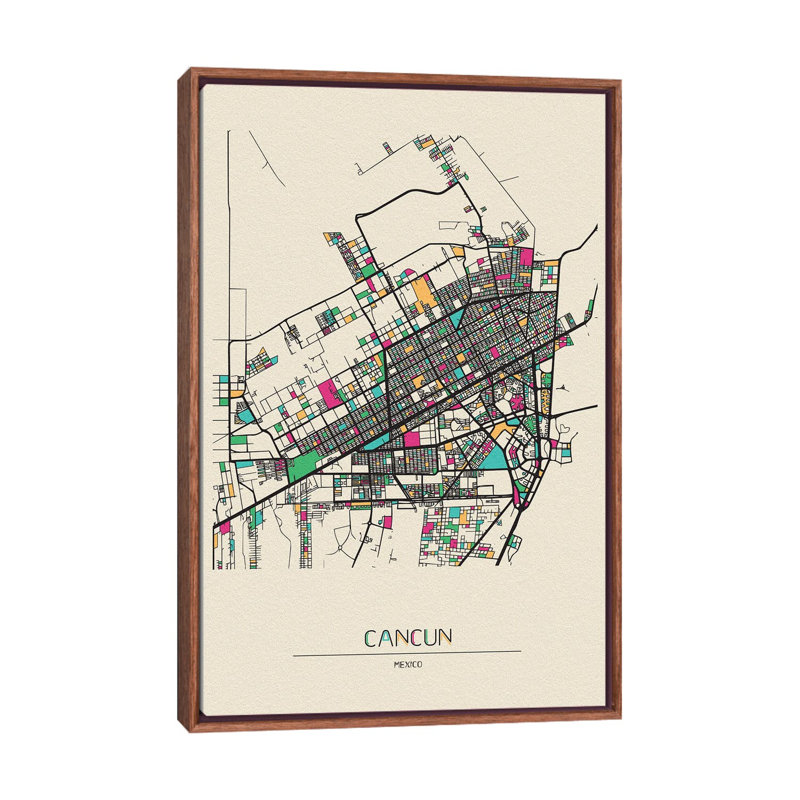 Cancun, Mexico Map by Ayse Deniz Akerman - Floater Frame Print on Canvas