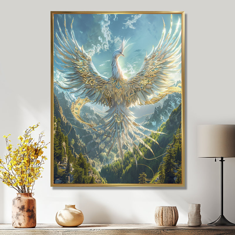 Glorious White Phoenix Rising In Magic Mountains - Phoenix, art mural, H 44 po x l 34 po x P 1,5 po