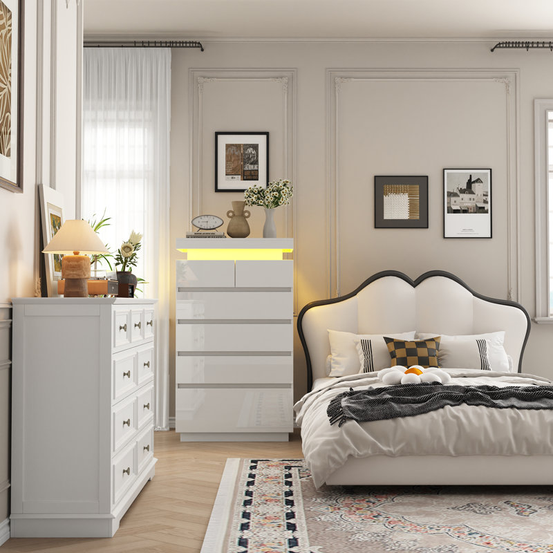 Ensemble de rangement vintage 2 pièces pour chambre à coucher avec commode haute à 6 tiroirs et commode à 9 tiroirs à éclairage DEL