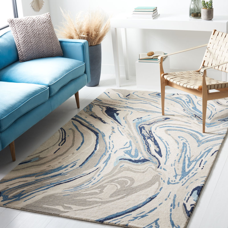 Tapis bleu / gris en laine / coton touffeté à la main Soho, Rectangle 8 pi x 10 pi