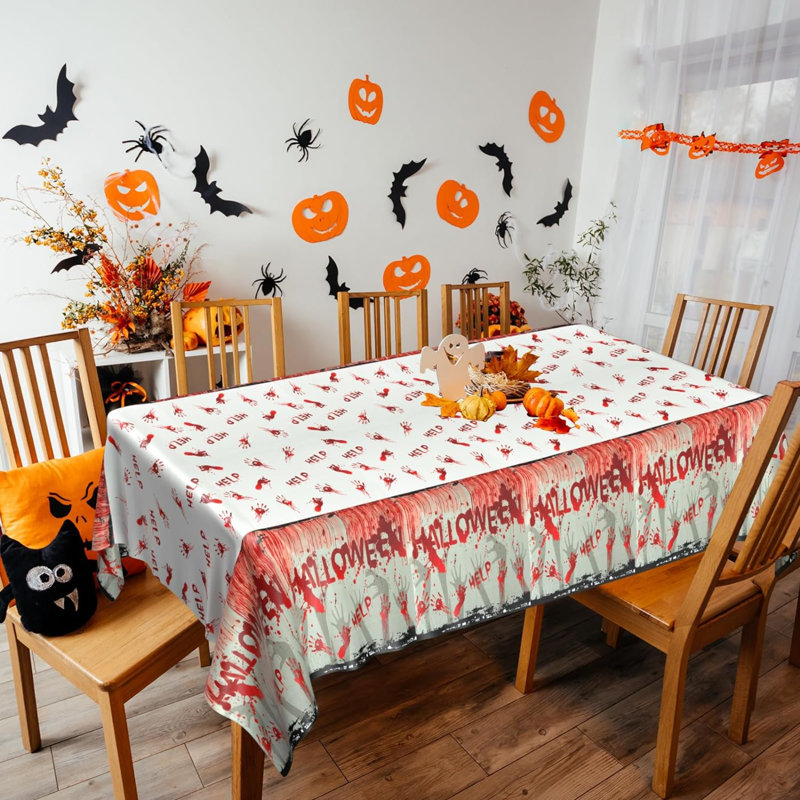 Halloween Tablecloth 54X108 Inch Zombie Red Handprint Footprint Plastic Table Cloth Happy Halloween Table Cover For Holiday Dinner Table Decorations Halloween Party Supplies