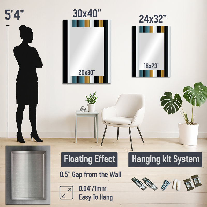 Motif à rayures fines vert et doré Braelan, miroir décoratif moderne, art mural en métal, 32 po x 24 po