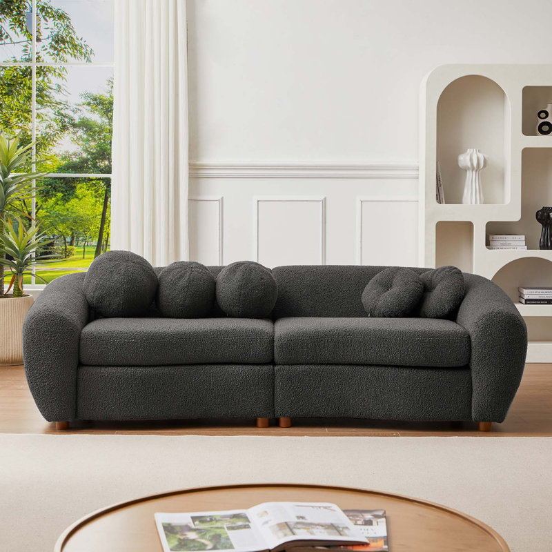 Ivy Bronx 112" Modern Curved Sofa, Back Upholstered Couch with 3 Decorative Throw Pillows, Gray Teddy 