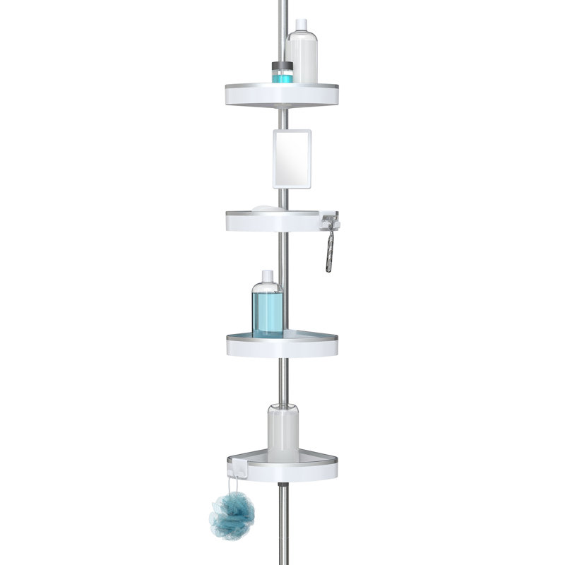 White Aluminum 9-Foot Tension Shower Caddy with Mirror