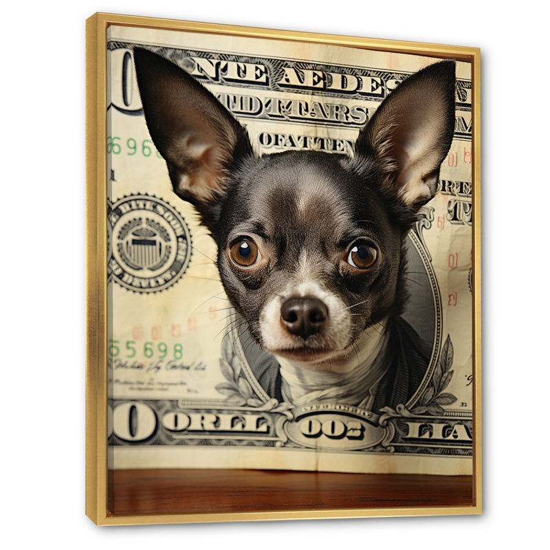 «Little Dog on Dollar Bill» - Impression, H 40 po x l 30 po x P 1,5 po, Cadre flottant doré