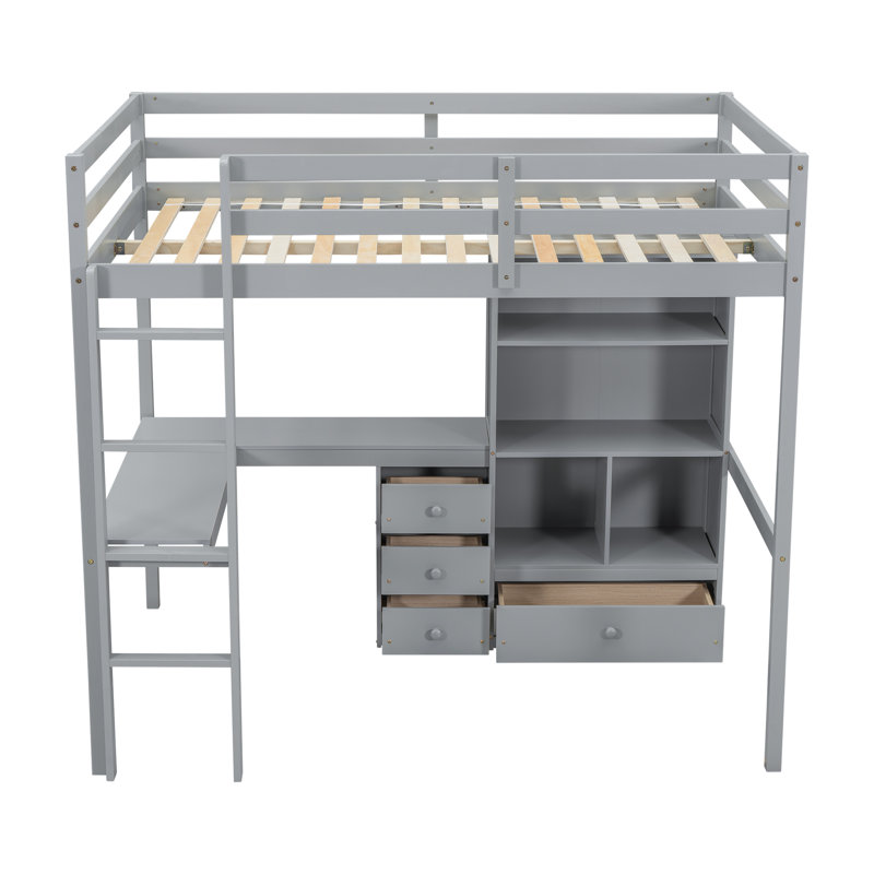 Lit mezzanine double avec tiroirs de rangement et bureau intégré, Gris