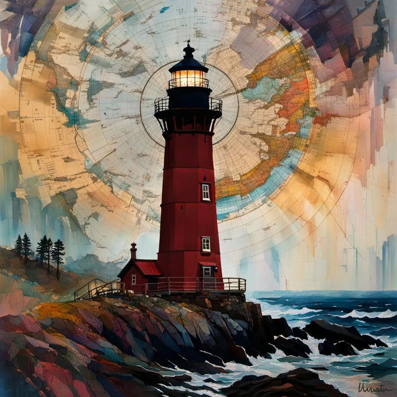 Phare intemporel - Phare rouge avec carte rétro du ciel, H 20 po x l 20 po