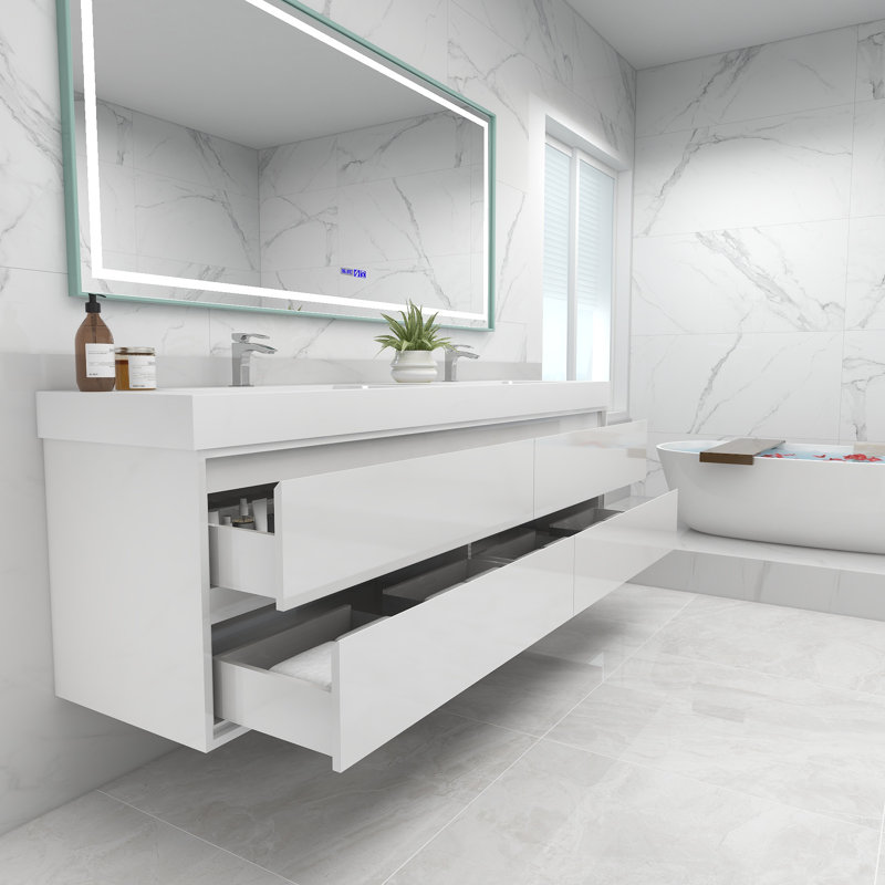 84'' Double Bathroom Vanity with Acrylic Top, Glossy White