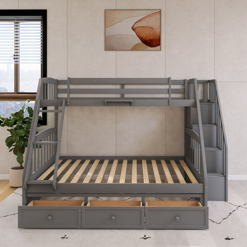 Lit superposé simple au-dessus de double avec cadre en bois avec tiroirs, échelle et escalier de rangement, Gris