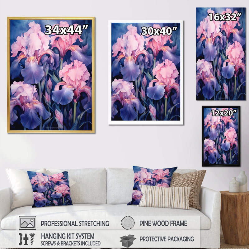 «Pink Blue Iris Petals II», reproduction sur toile, Cadre photo noir, H 20 po x l 12 po x P 1 po