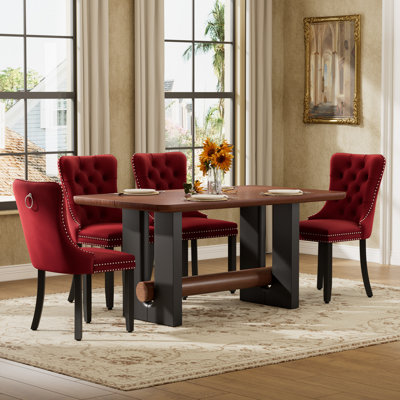 Modern Walnut Dining Table Set with 4/6 Velvet Chairs, MDF & Solid Wood for Small Spaces, Kitchen, Dining