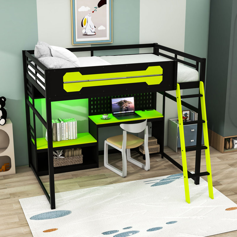 Lit mezzanine avec bureau, tablettes, lumières DEL et ports USB, Noir-vert