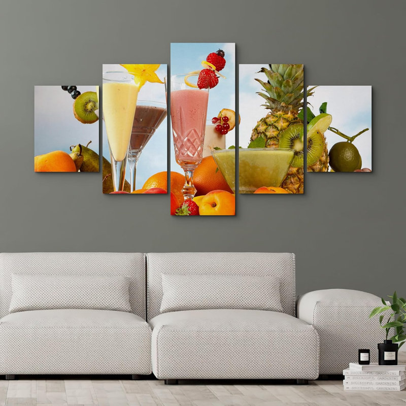 «Vibrant Multicolor Tropical Fruit Juice Kitchen Decor Modern Large Canvas», reproduction d'art sur toile 5 pièces