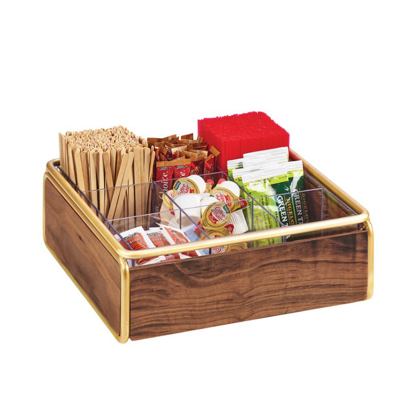 Mid-Century 9 Compartment Wood Condiment Organizer with Accents - 12" X 12" X 4 1/2", Brass