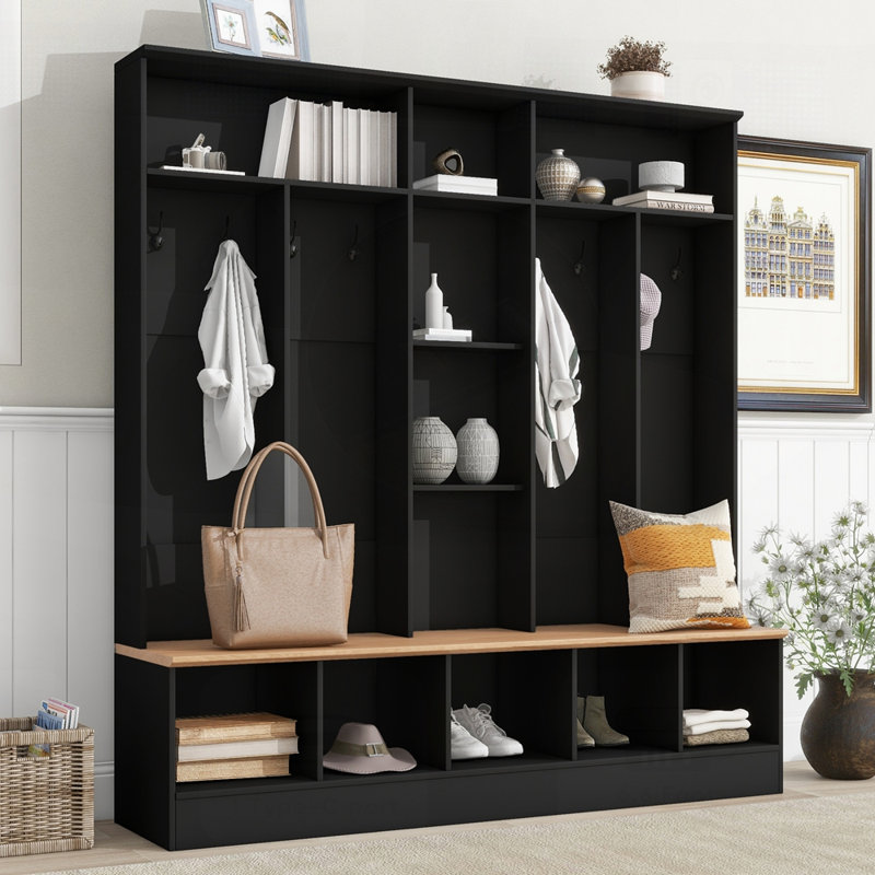 Arbre d'entrée large avec banc de rangement, armoire à chaussures minimaliste avec tablettes de rangement cubiques, portemanteau multifonctionnel pour les vestibules et les vestibules