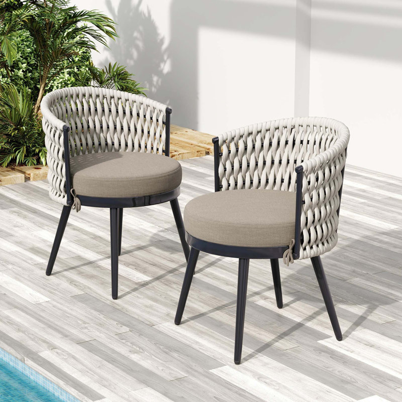 Weather-Resistant Outdoor Dining Chair Set with Metal Frame and Rope Seat, Coussin kaki / structure beige noir