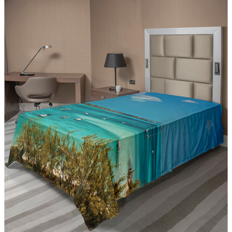 Ambesonne Ocean Top Flat Sheet Anchored Boats in Sea Queen Teal Blue Green, Twin XL