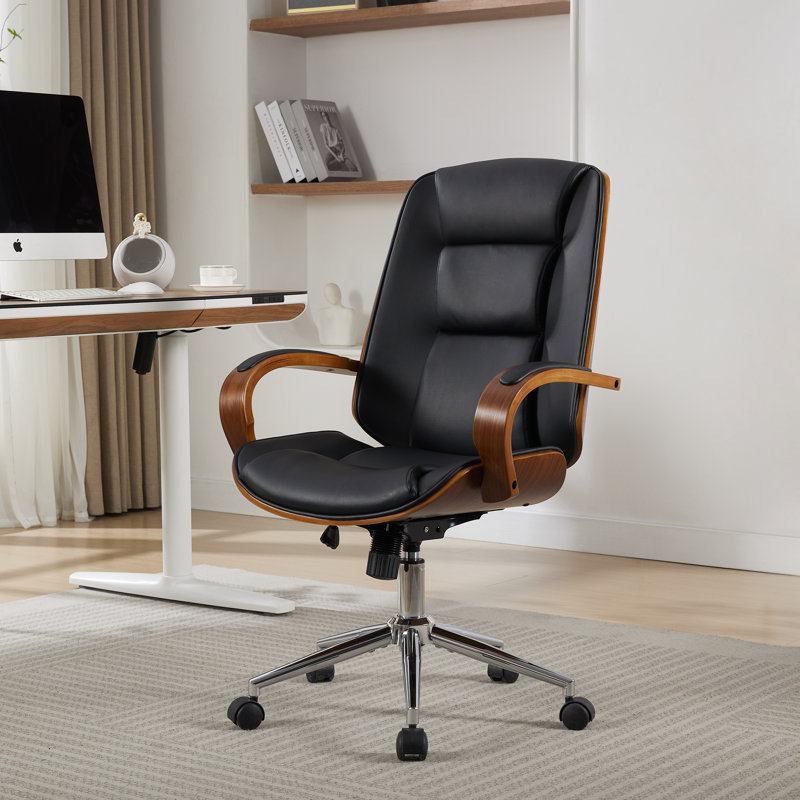 Chaise de bureau de direction style Mid-Century en similicuir Stoneburner, Noir