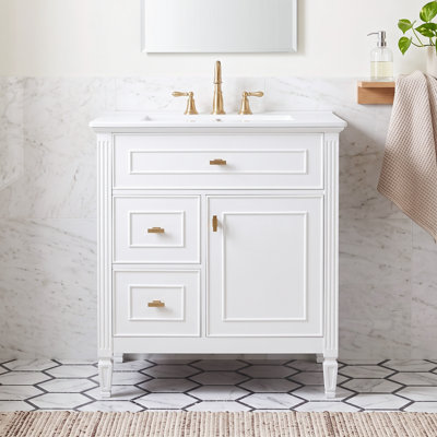 Meuble-lavabo moderne autoportant de 76 cm (30 po) avec lavabo simple en céramique intégrée, 1 tiroir supérieur inclinable, 2 tiroirs standard, structure en bois massif et MDF avec étagères réglables.