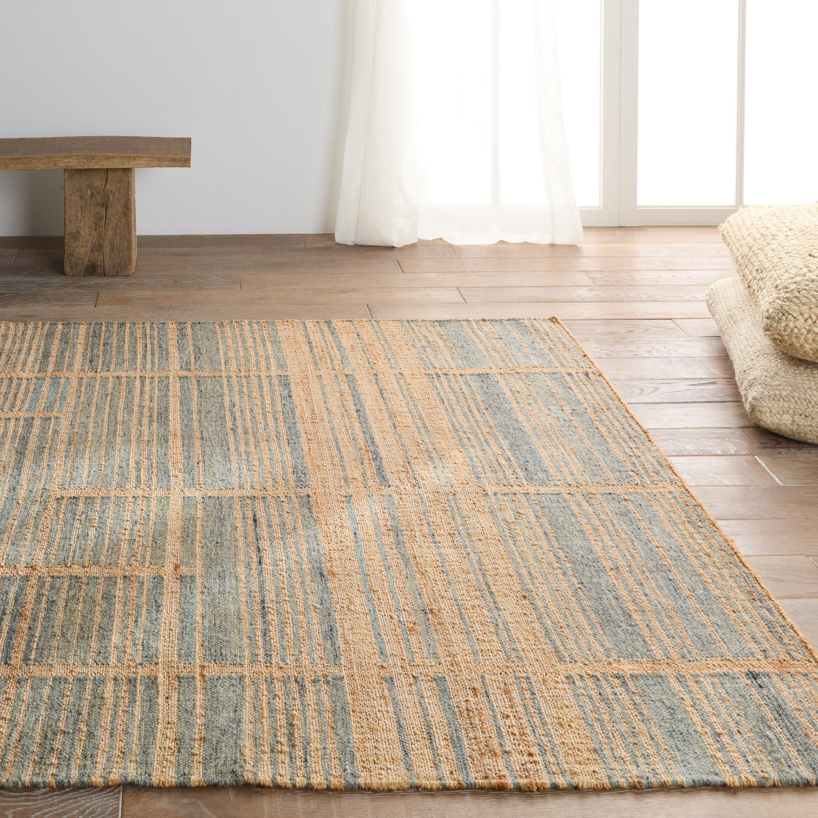 Zoya Brown Blue Hand-Woven Striped Jute Rug, Rectangle 5' x 8'