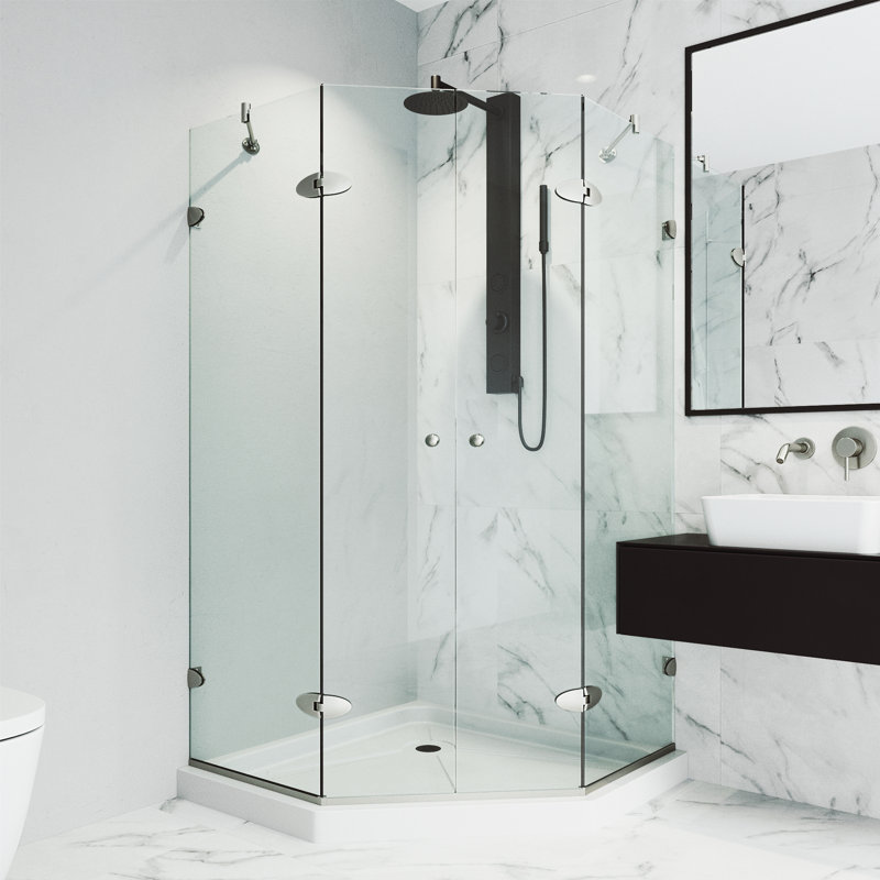 Gemini 48" W x 48" D x 77" H Hinged Frameless Shower Enclosure with 3/8  Clear Glass & Base, Brushed Nickel