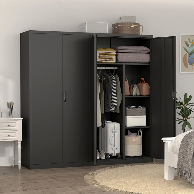 Black Metal Large-Capacity Wardrobe With Hanging Rod And Compartments, Lockable Closet With Locks & Keys, Steel Construction, Waterproof & Fireproof, Suitable For Bedroom, Living Room And Laundry Room