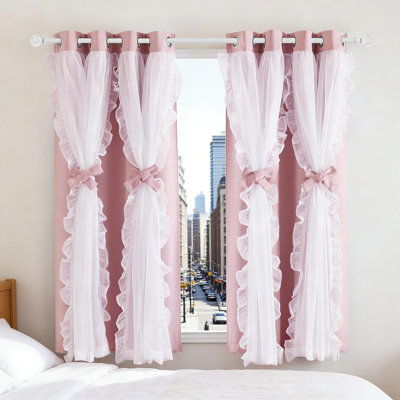 Coquette Style Double Layer Curtains With Ruffle Sheer Overlay And Room Darkening Blackout Layer, Chic Princess Drapes For Bedroom Decor, 2 Panels Per Pack